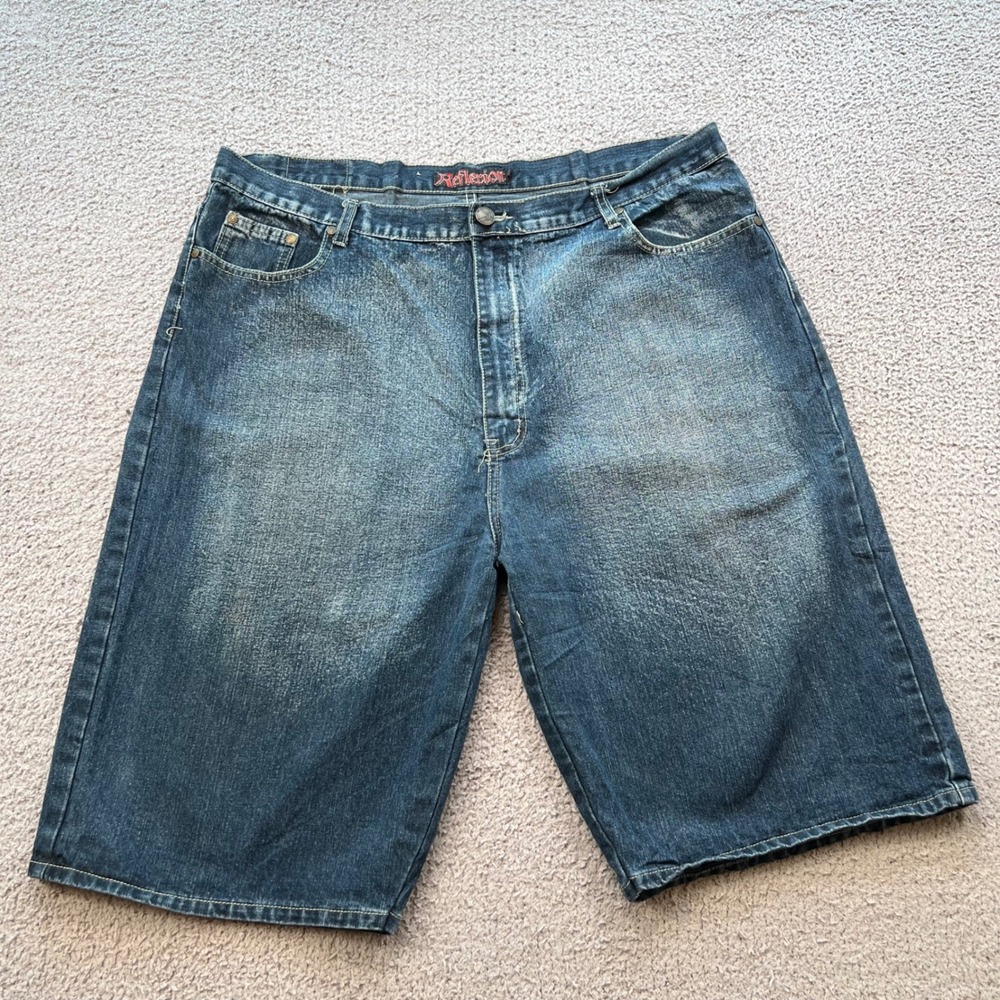 Reflection Mens Y2K Baggy Denim Shorts Blue Embroidered Pockets Size 42 6519